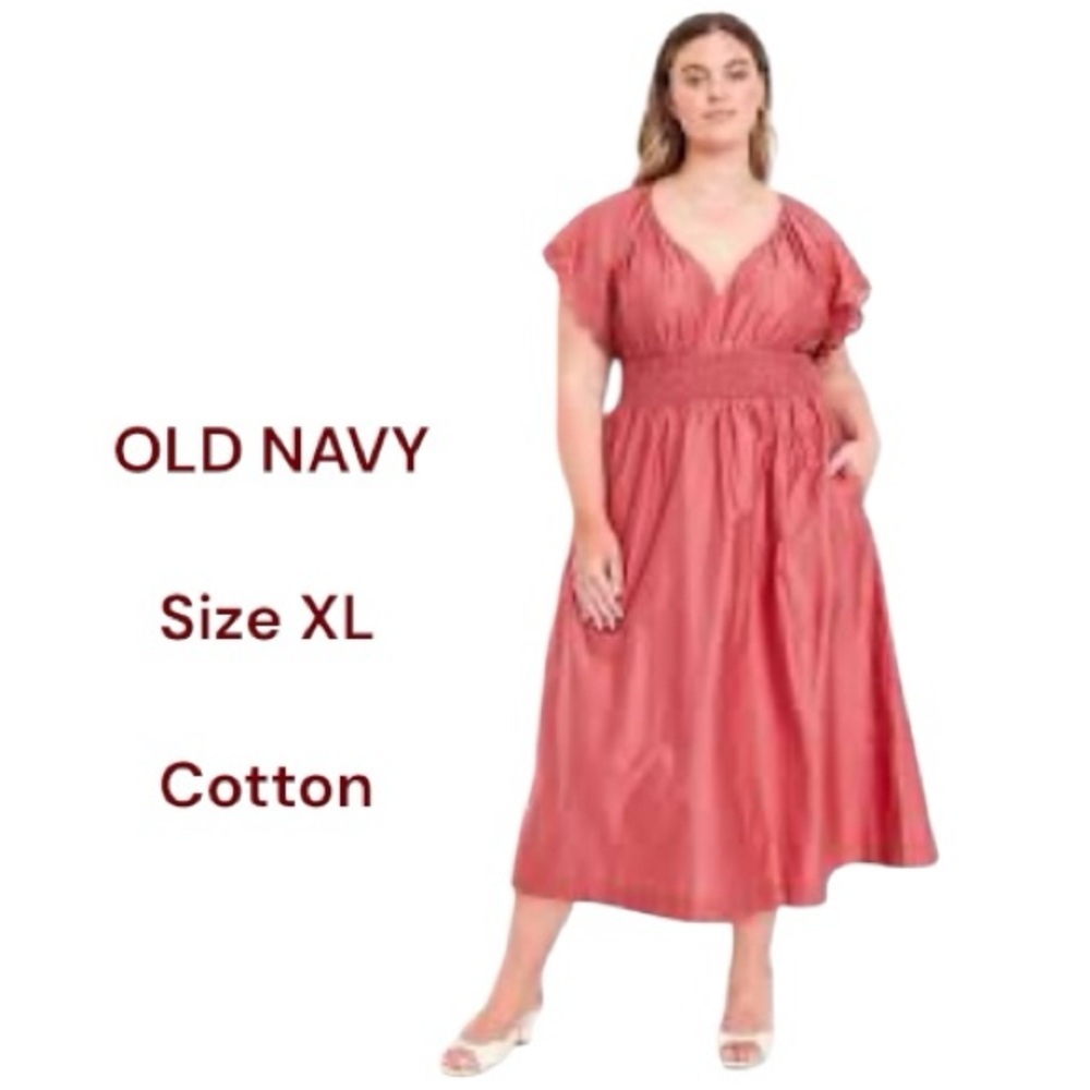Old Navy Waist-Defined Midi Dress V Neck Bell Sleeve Coral Cotton Size XL